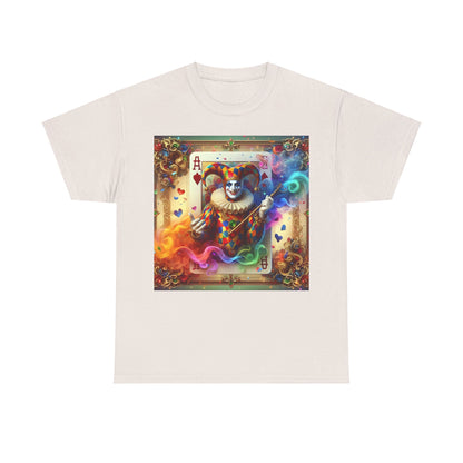 Luxurious Harlequin Playing Card Graphic Tee in cream featuring a vibrant design with a jester holding playing cards, perfect for stylish gaming enthusiasts.