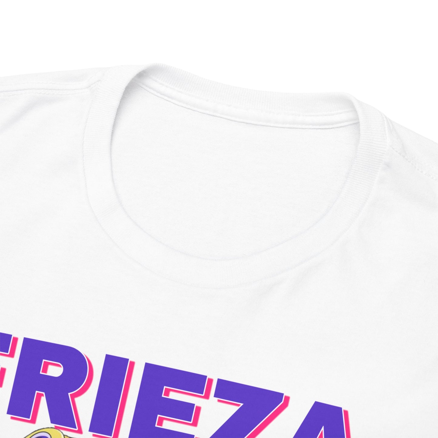 Close-up view of the luxurious collar of a Dragon Ball Z Frieza T-shirt, showcasing premium stitching and fabric quality, perfect for refined anime apparel.