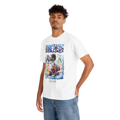 Model wearing a luxurious white t-shirt adorned with a captivating image of Brook from One Piece, reflecting casual sophistication and anime passion.