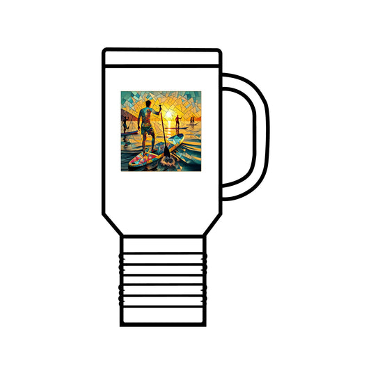 Fantasy Paddleboarding 40oz Insulated Travel Mug featuring a vibrant design of paddleboarders against a stunning sunset, crafted from high-quality stainless steel with a double-wall, leak-proof design.