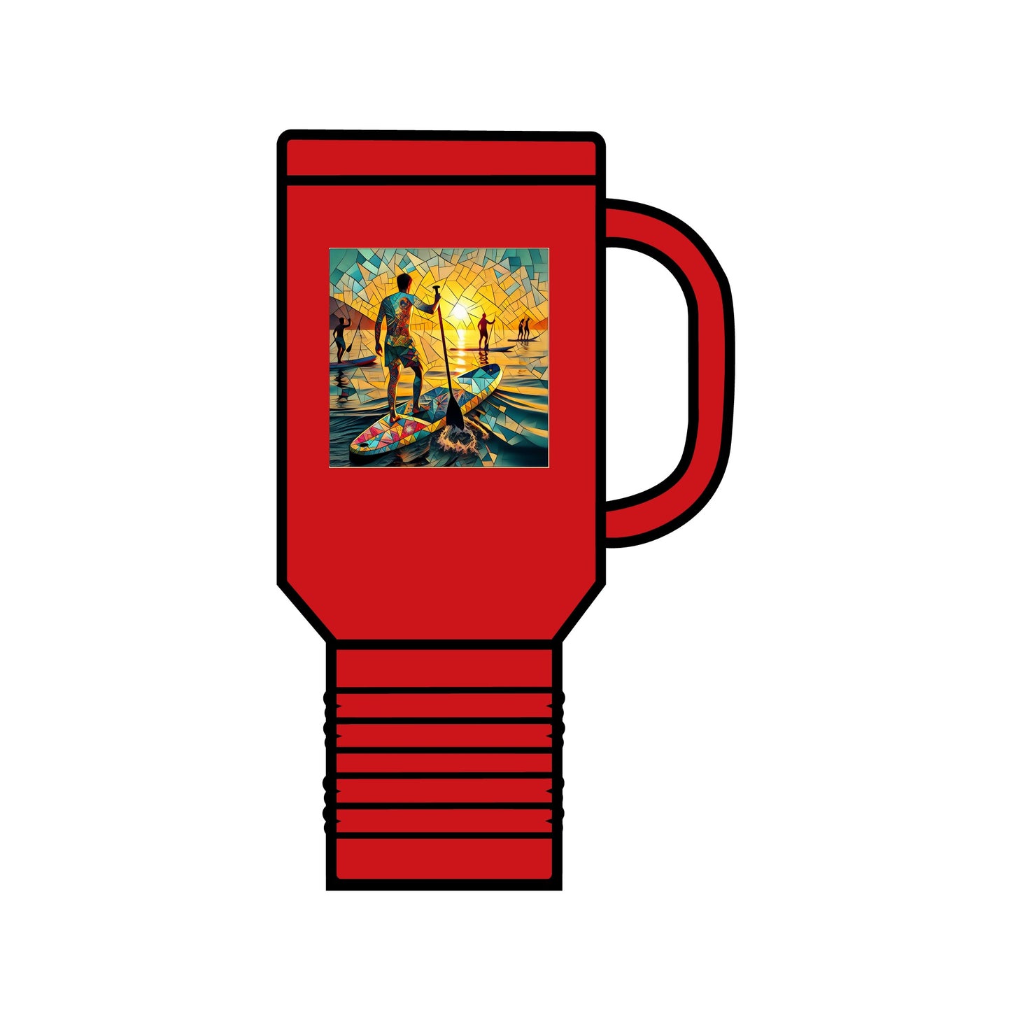 Fantasy Paddleboarding 40oz Insulated Travel Mug in striking red showcasing an artistic paddleboarding scene, crafted for those who love luxury and adventure.