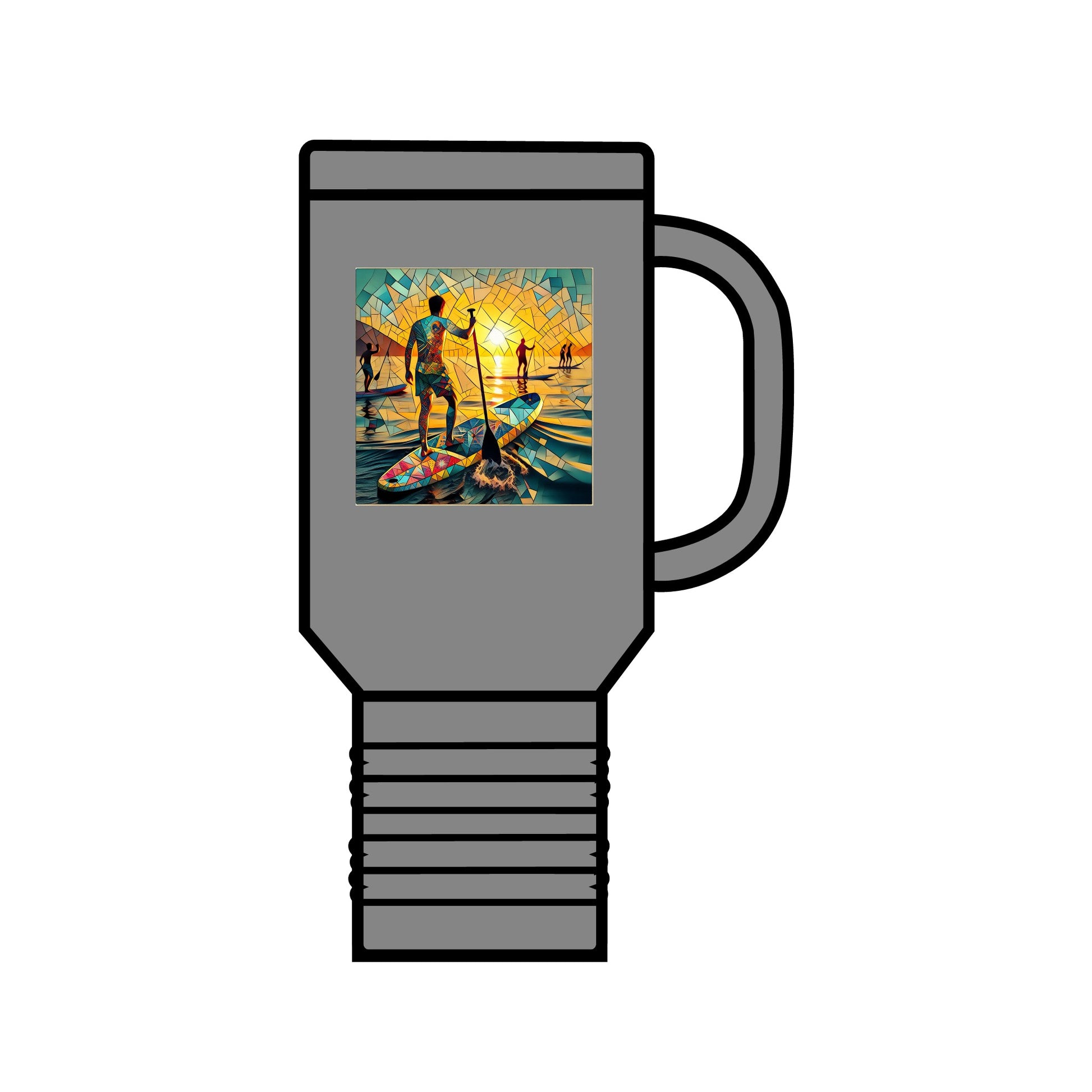 Fantasy Paddleboarding 40oz Insulated Travel Mug in sleek grey, showcasing an artistic depiction of paddleboarders with a dazzling sunset backdrop, designed for adventure in luxurious stainless steel.