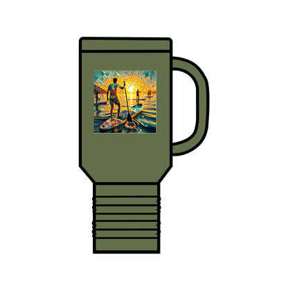 Fantasy Paddleboarding 40oz Insulated Travel Mug in olive green featuring vibrant paddleboarding graphic, perfect for adventure seekers.