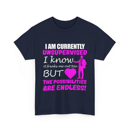 Elegant navy blue men's t-shirt featuring a bold and humorous graphic design stating 'I AM CURRENTLY UNSUPERVISED', perfect for making a statement.