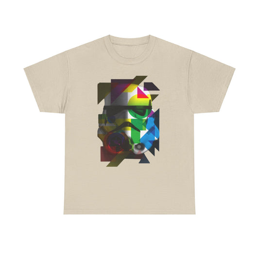 Beige t-shirt featuring a striking Stormtrooper helmet design, crafted from geometric shapes in royal colours, ideal for a fashionable display of fandom.