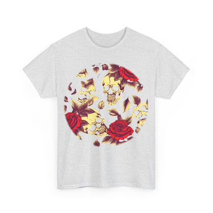 Luxury Skulls and Roses Cotton Tee showcasing an intricate skull and rose design against a soft grey background, perfect for unisex graphic shirt fashion.