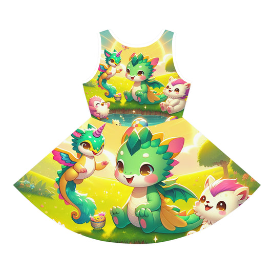 Lola Petitcouture Girls' Fantasy Animal Sundress displaying enchanting illustrated creatures, perfect for summer adventures, in a vibrant green landscape.
