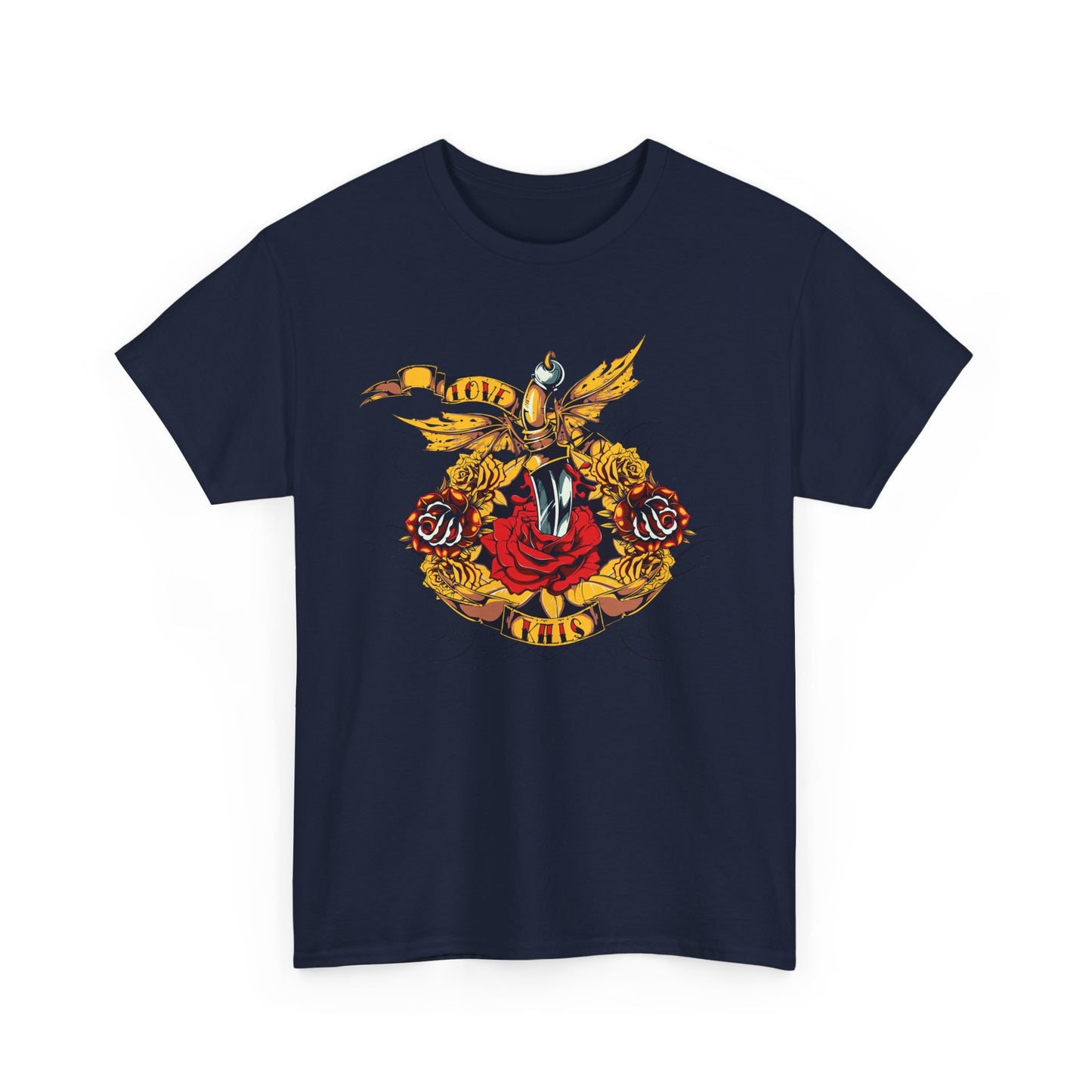 Striking navy t-shirt adorned with a captivating 'LOVE KILLS' graphic, combining roses and a gold dagger, a must-have for fashion-forward individuals.