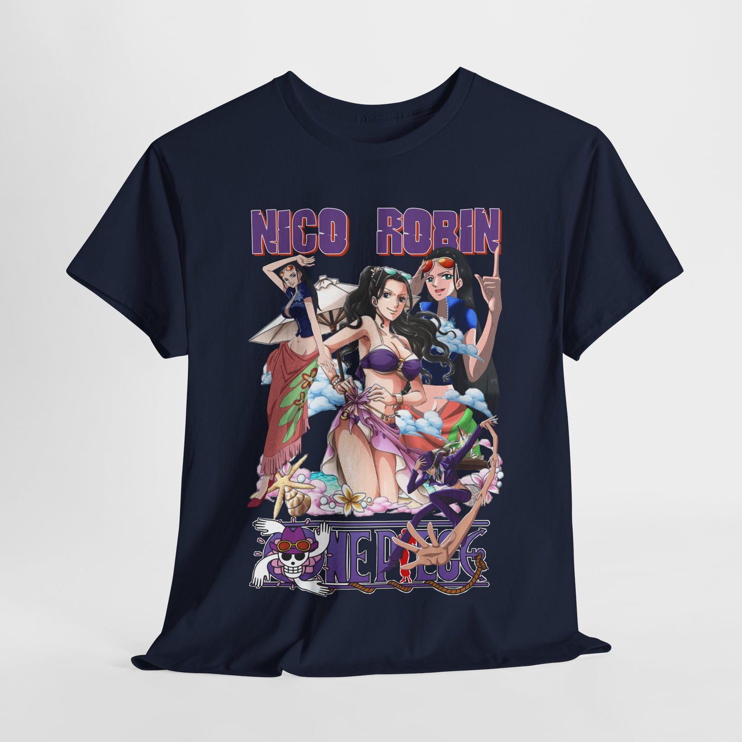 Elegant navy graphic tee displaying iconic anime heroines, including Nico Robin, perfect for summer outings and casual gatherings.