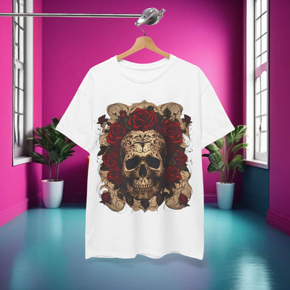 The Skulls and Roses Cotton Tee displayed in a stylish interior setting, highlighting its unique design and luxurious appeal in alternative fashion.