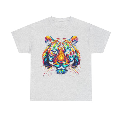 Tiger's Whimsy Graphic Tee - Unisex Artistic Shirt with a strikingly vibrant multicoloured tiger head graphic on a grey backdrop, perfect for fashion-forward individuals.