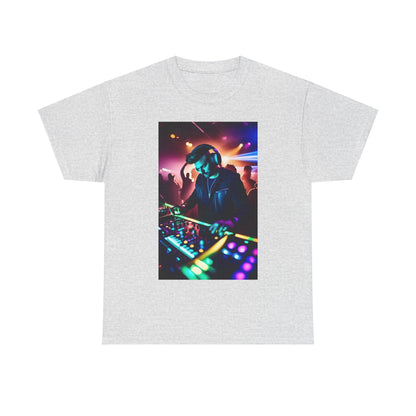 Street Monster Graphic T-Shirt in grey showcasing a striking graphic of a DJ against colourful lighting, perfect for contemporary urban fashion enthusiasts.