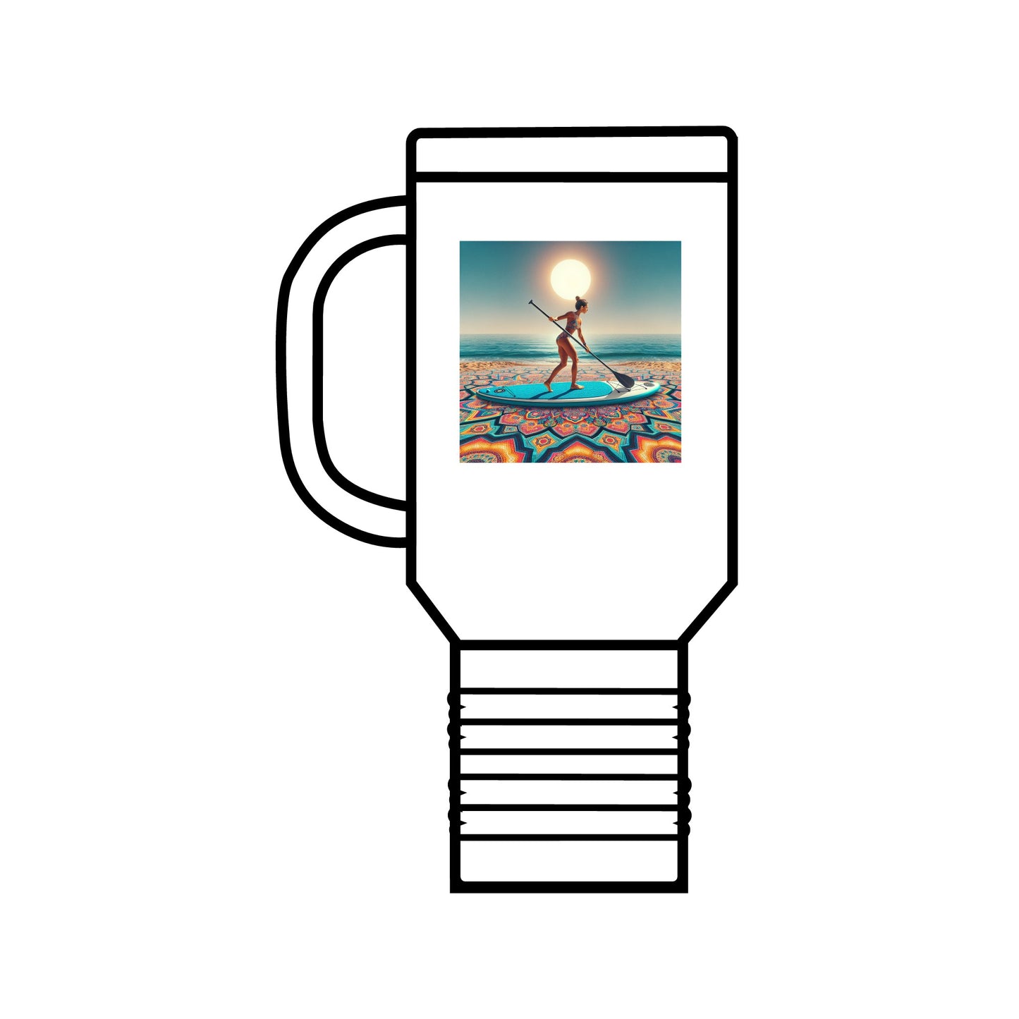 Sleek white Fantasy Paddleboarding 40oz Insulated Stainless Steel Travel Mug displaying a dreamy paddleboarding graphic, perfect for luxurious adventures.