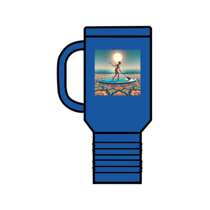 Fantasy Paddleboarding 40oz Insulated Stainless Steel Travel Mug in vibrant blue, featuring a picturesque paddleboarding design, perfect for luxury adventures.