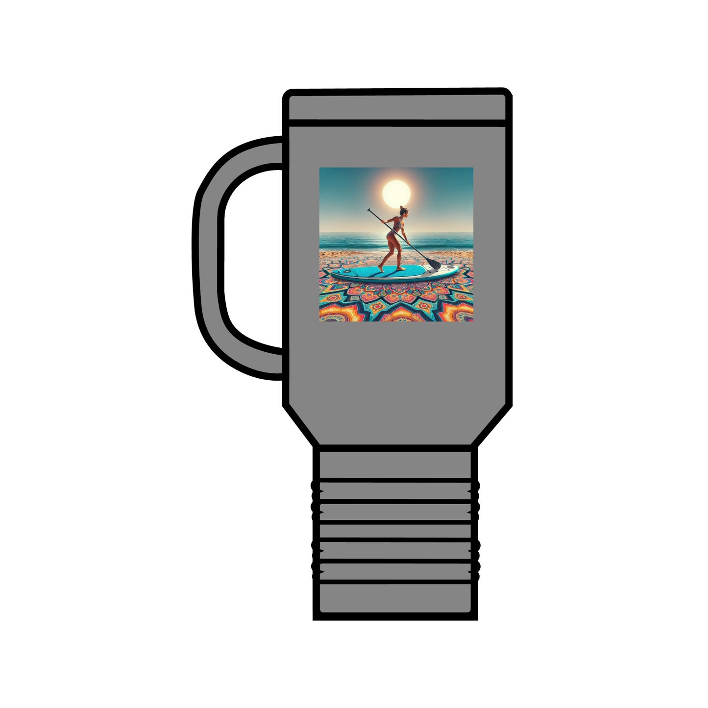 Fantasy Paddleboarding 40oz Insulated Stainless Steel Travel Mug in grey, showcasing a vibrant design featuring a paddleboarder against a scenic backdrop, ideal for adventurous excursions.