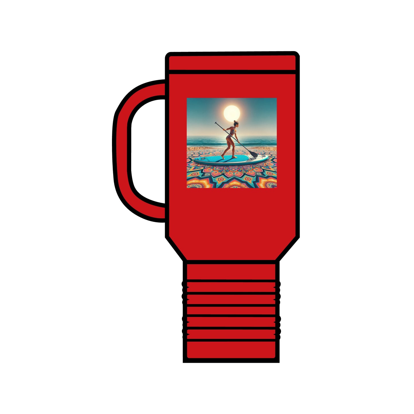Fantasy Paddleboarding 40oz Insulated Stainless Steel Travel Mug in vibrant red, showcasing a stunning paddleboarder design, ideal for luxurious adventures and outdoor activities.