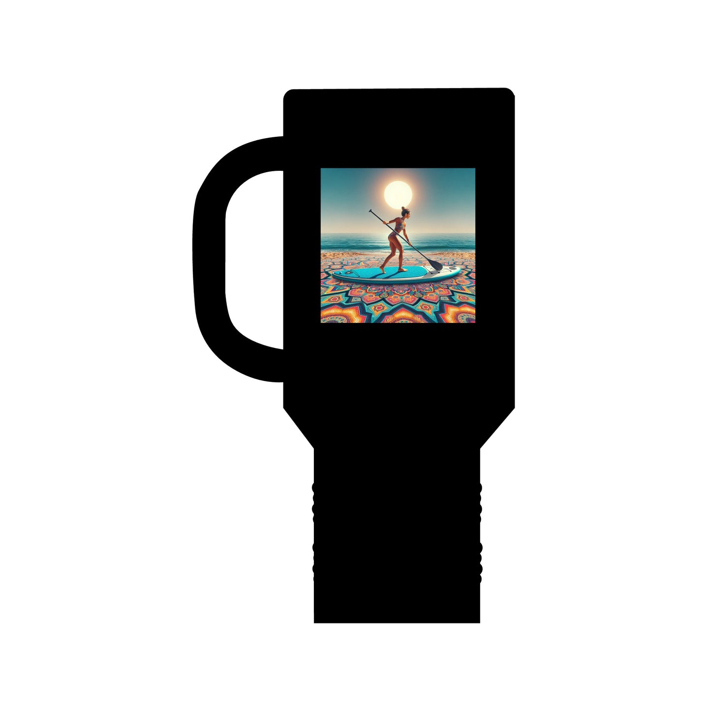 Fantasy Paddleboarding 40oz Insulated Stainless Steel Travel Mug in sleek black, featuring a captivating paddleboarder design, perfect for stylish hydration during outdoor adventures.