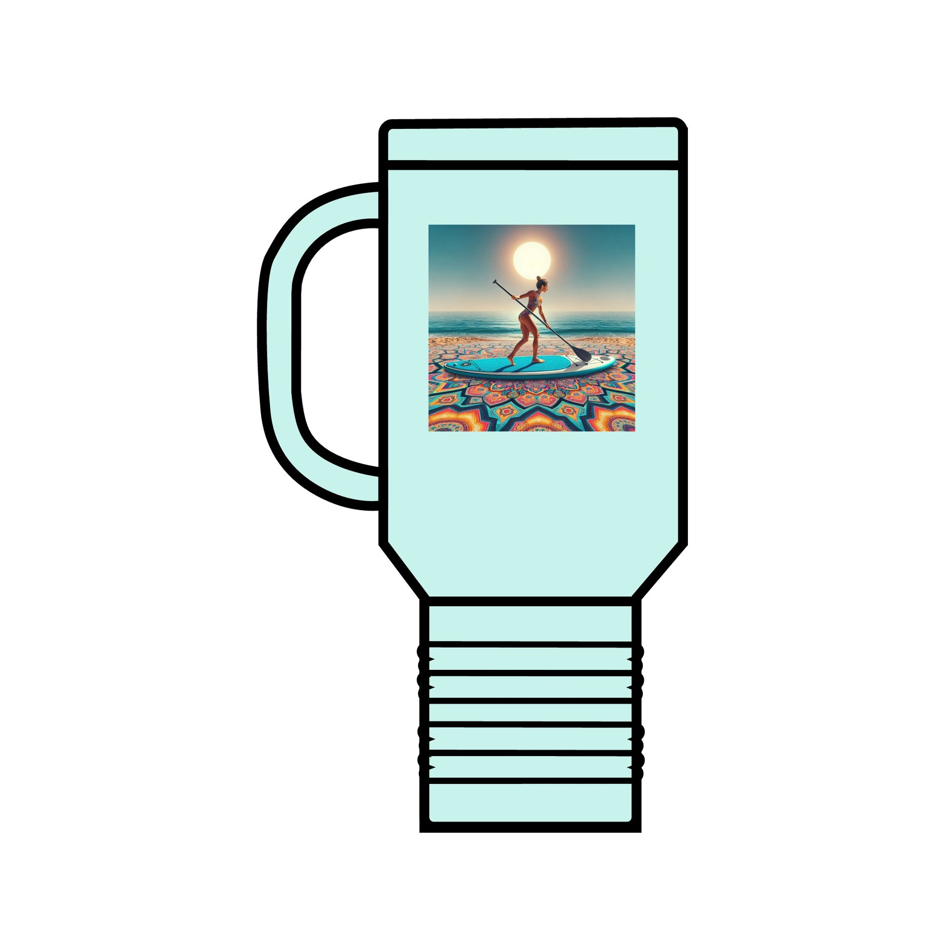 Fantasy Paddleboarding 40oz Insulated Stainless Steel Travel Mug in elegant mint green, showcasing a stunning paddleboarding illustration, ideal for stylish outdoor excursions.