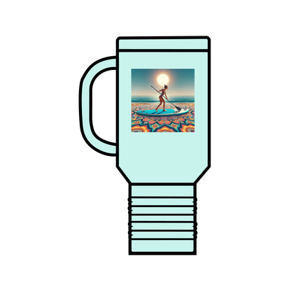 Fantasy Paddleboarding 40oz Insulated Stainless Steel Travel Mug in elegant mint green, showcasing a stunning paddleboarding illustration, ideal for stylish outdoor excursions.