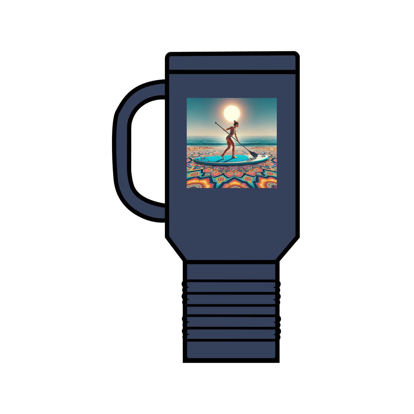 Fantasy Paddleboarding 40oz Insulated Stainless Steel Travel Mug in navy blue, featuring a stylish design with a paddleboarder and stunning scenery, perfect for luxury outdoor experiences.
