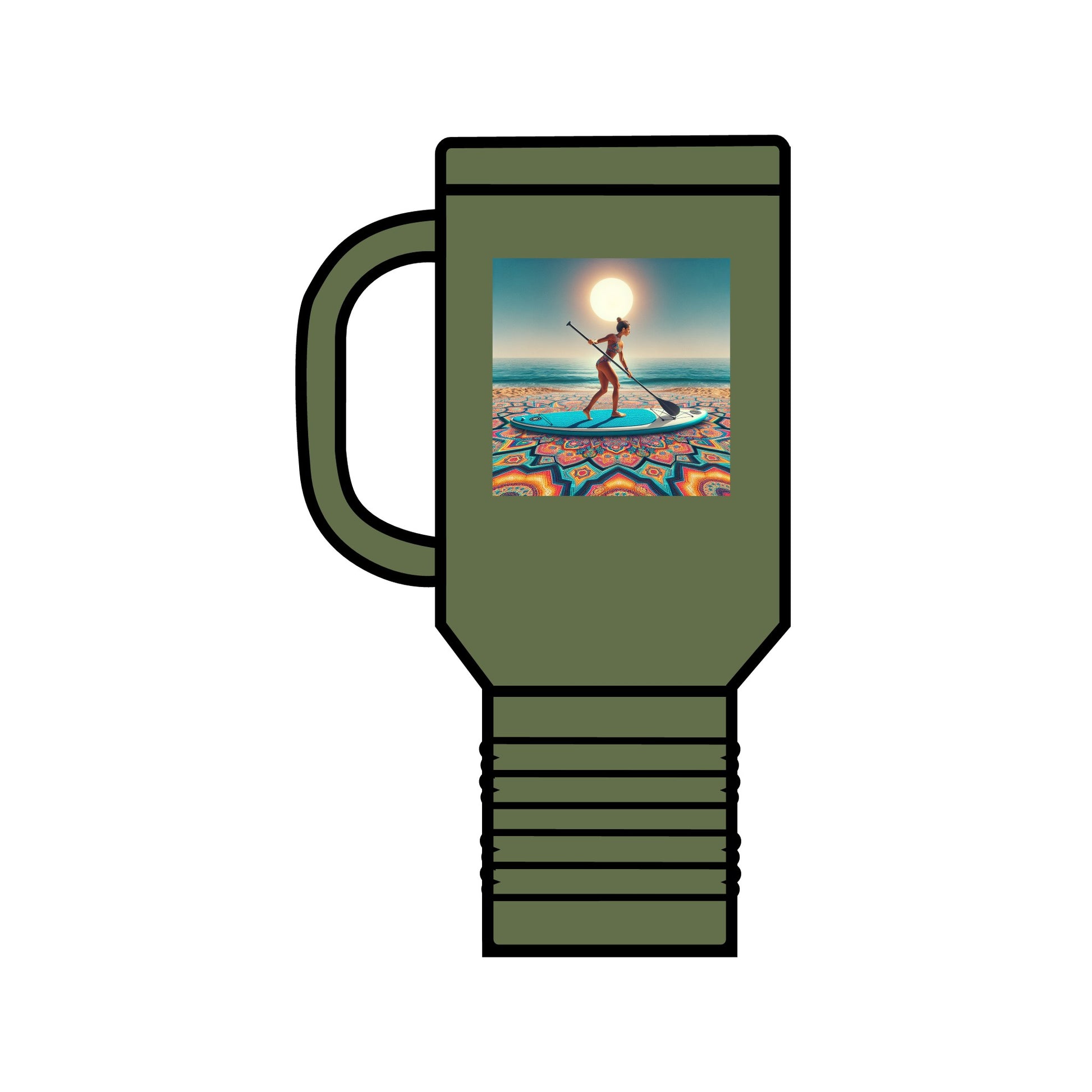 Fantasy Paddleboarding 40oz Insulated Stainless Steel Travel Mug in olive green, elegantly designed with a paddleboarder against a picturesque landscape, ideal for adventure enthusiasts.