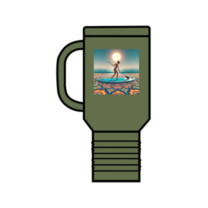 Fantasy Paddleboarding 40oz Insulated Stainless Steel Travel Mug in olive green, elegantly designed with a paddleboarder against a picturesque landscape, ideal for adventure enthusiasts.