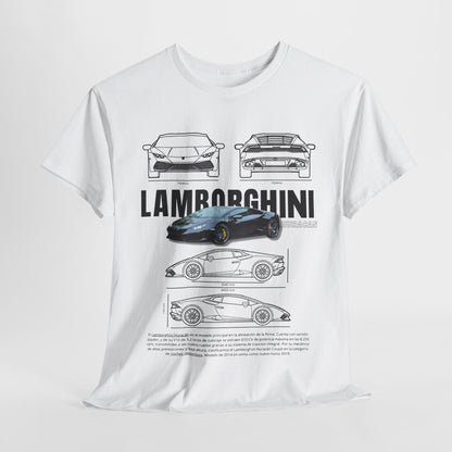 Unisex men's T-shirt design featuring Lamborghini Huracán technical drawing, showcasing sleek lines and precise dimensions.