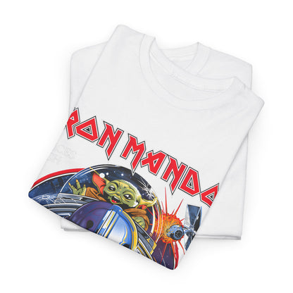 Folded Iron Mando Graphic Tees in white, displaying the artistic design featuring Mandalorian elements and vibrant colours.