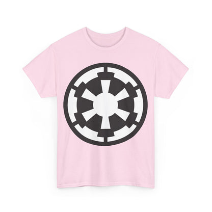 Front view of the Galactic Empire Star Wars Retro Logo Graphic Tee Unisex, highlighting a striking black and white Galactic Empire logo on a pink fabric.