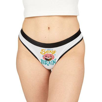 Elegant women's thong featuring playful design with the phrase 'I have a sexy brain,' perfect for adding charm to any romantic occasion.