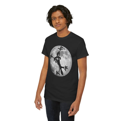 Chic black graphic tee displaying a captivating silhouette of Wile E. Coyote illuminated by the moonlight, designed for those seeking a touch of whimsical luxury.