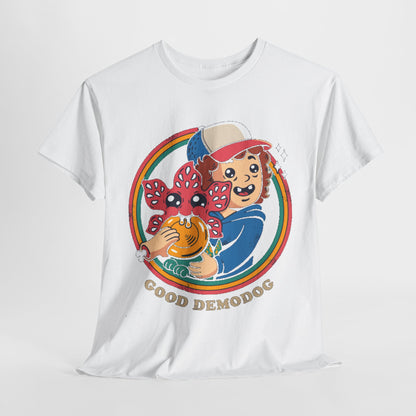 Stranger Things Funny Mens Womens Graphic T-Shirt in white, displaying the playful 'Good Demodog' illustration ideal for casual outings and celebrating pop culture.