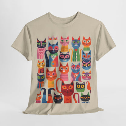 Purrfection Graphic T-Shirt featuring a vibrant cat design on a beige cotton tee, perfect for cat lovers seeking luxury and style.