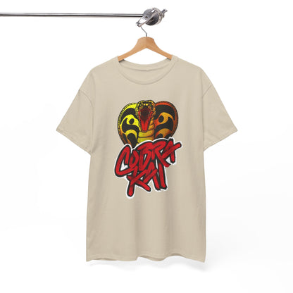 Chic Cobra Kai graphic T-shirt elegantly displayed on a hanger, showcasing its distinctive snake emblem in a sophisticated and inviting manner.