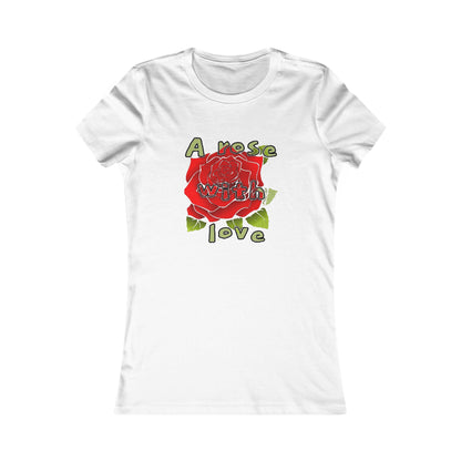 Luxurious white cotton t-shirt featuring a vibrant red rose design with the phrase 'A rose with love' in playful lettering, perfect for stylish casual wear.