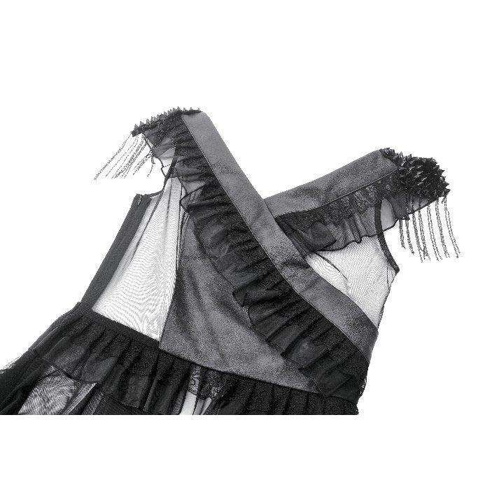 Complete outfit styling of the Dark in Love Seraphina tiered dress on a mannequin set against a moody gothic backdrop.