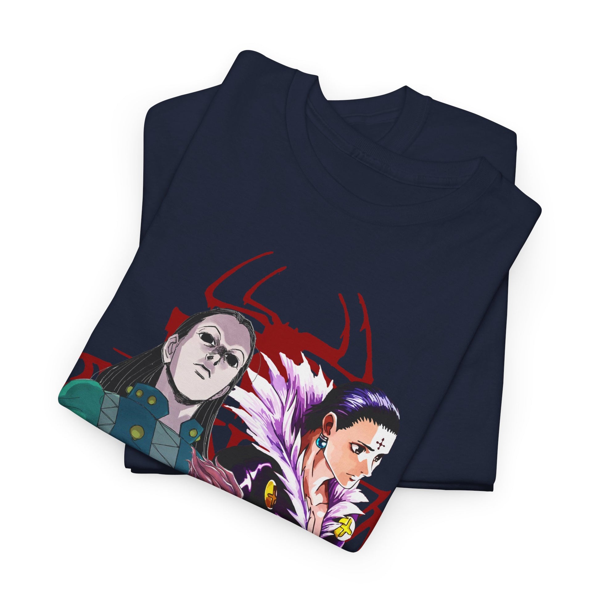 Luxurious navy Hunter x Hunter T-shirt featuring intricate character designs of iconic anime characters on a bold red background, perfect for discerning fans.