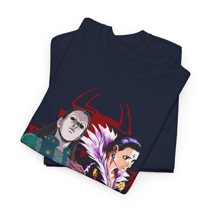 Luxurious navy Hunter x Hunter T-shirt featuring intricate character designs of iconic anime characters on a bold red background, perfect for discerning fans.