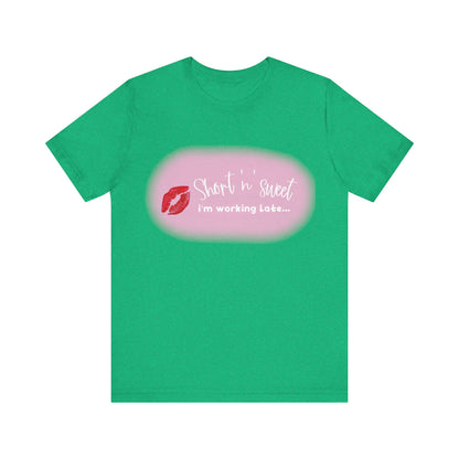 Sabrina Carpenter Inspired Unisex Short Sleeve Tee in a striking green hue, embellished with a chic lipstick print, perfect for trendy attire.