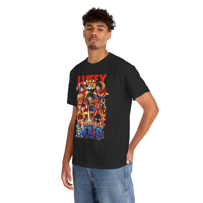 Elegant black T-shirt worn by a model, displaying a colourful graphic illustration of anime characters, perfect for fashion-forward anime enthusiasts.