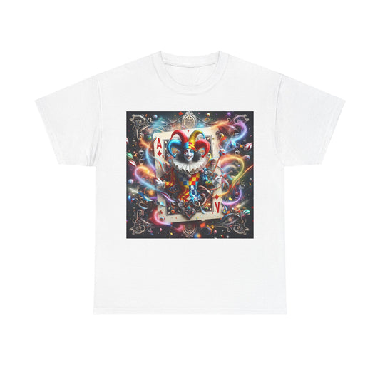 Harlequin Playing Card Graphic Tee for Unisex in white, showcasing an eye-catching graphic of a playful harlequin character, blending vintage charm with contemporary style for a unique wardrobe statement.