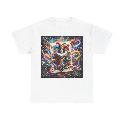 Harlequin Playing Card Graphic Tee for Unisex in white, showcasing an eye-catching graphic of a playful harlequin character, blending vintage charm with contemporary style for a unique wardrobe statement.