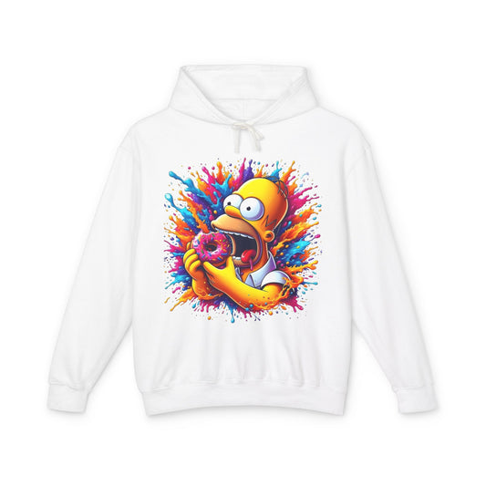 Unisex Urban Homer’s Hungry Delight Graphic Lightweight Hooded Sweatshirt featuring vibrant graphic design of Homer Simpson mid-bite into a donut with a splash of colours.