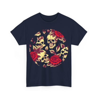 Elegant Skulls and Roses Cotton Tee, showcasing a striking graphic design of skulls entwined with red roses on a navy background, perfect for alternative fashion enthusiasts.