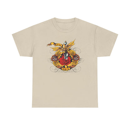Luxurious beige oversized t-shirt featuring an ornate dagger design, elegantly entwined with vivid roses and gold accents, embodying a bold graphic style.