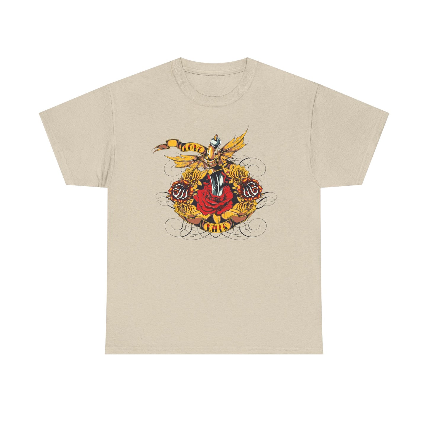 Stylish cream t-shirt embellished with a captivating 'LOVE KILLS' graphic of a gold dagger surrounded by exquisite roses, crafted for chic ensembles.