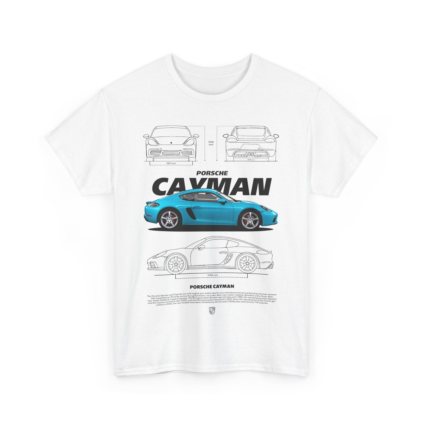 Elegant men's t-shirt with Porsche Cayman graphic on a white background, highlighting detailed car illustrations and dimensions, perfect for car lovers.
