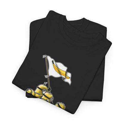 Minions Iwo Jima Unisex Mens Women's Graphic Funny T Shirt Tee, with two folded shirts displaying Minions lifting a banana flag, a fun choice for anyone loving these whimsical characters. T Shirt, Funny, Minions.