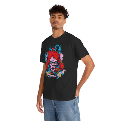 Stylish men's artistic T-shirt featuring a striking skull design with vibrant red hair and floral elements, perfect for making a bold fashion statement.