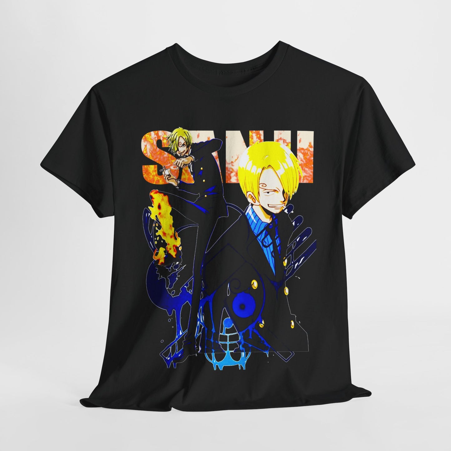 Luxurious black anime-inspired t-shirt featuring a vibrant graphic of a stylish character with blonde hair, perfect for fashion enthusiasts.